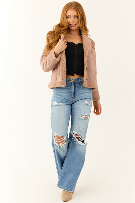 Dusty Rose Faux Suede Sherpa Lined Jacket