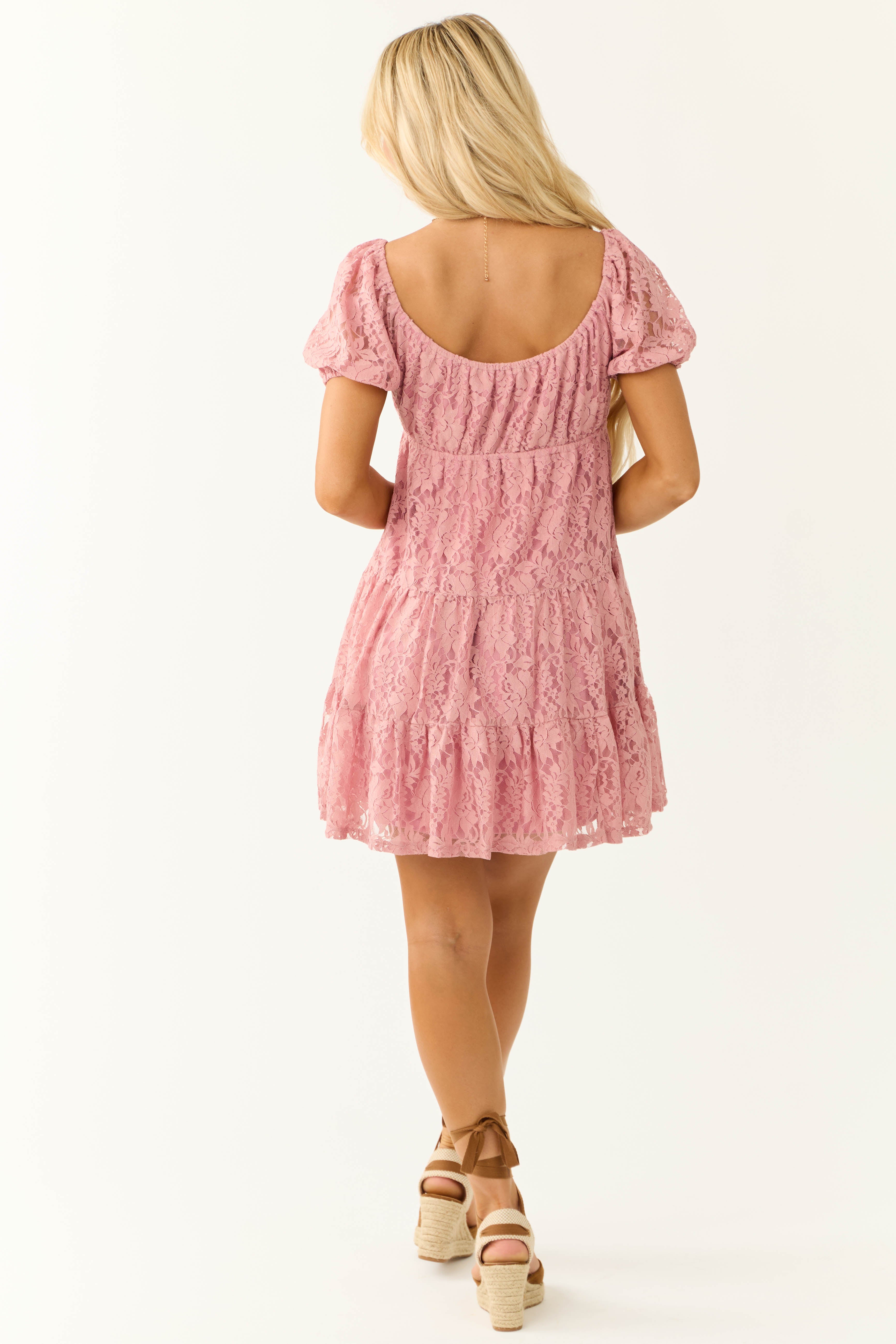 Dusty Rose Floral Lace Tiered Short Dress