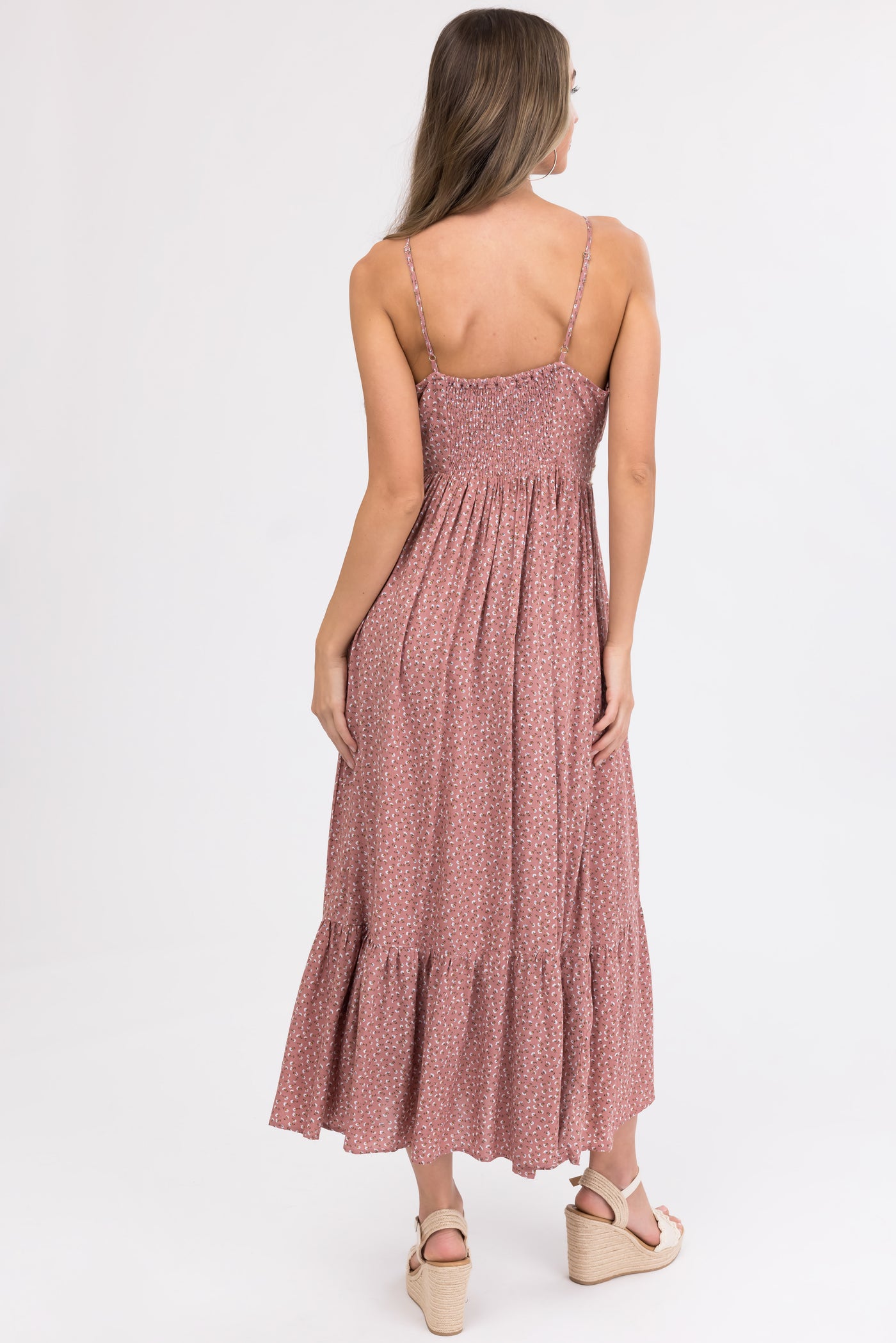 Dusty Rose Lace Trim Floral Maxi Dress