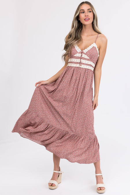 Dusty Rose Lace Trim Floral Maxi Dress