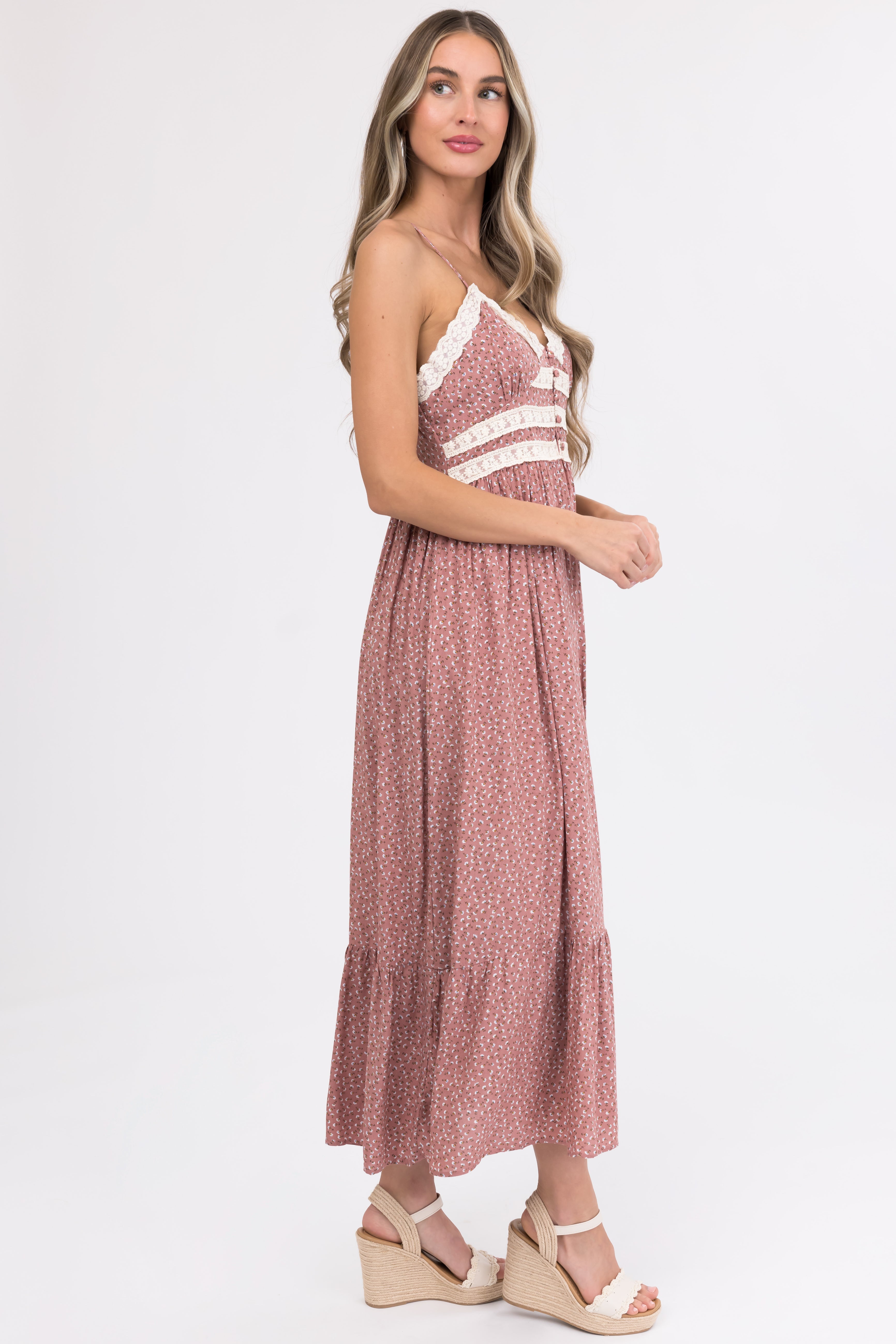 Dusty Rose Lace Trim Floral Maxi Dress