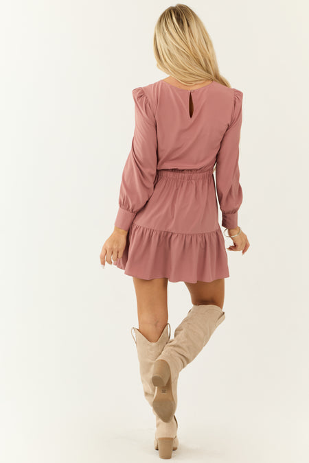 Dusty Rose Long Sleeve Tiered Ruffle Mini Dress