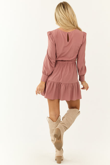 Dusty Rose Long Sleeve Tiered Ruffle Mini Dress