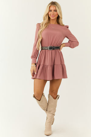 Dusty Rose Long Sleeve Tiered Ruffle Mini Dress