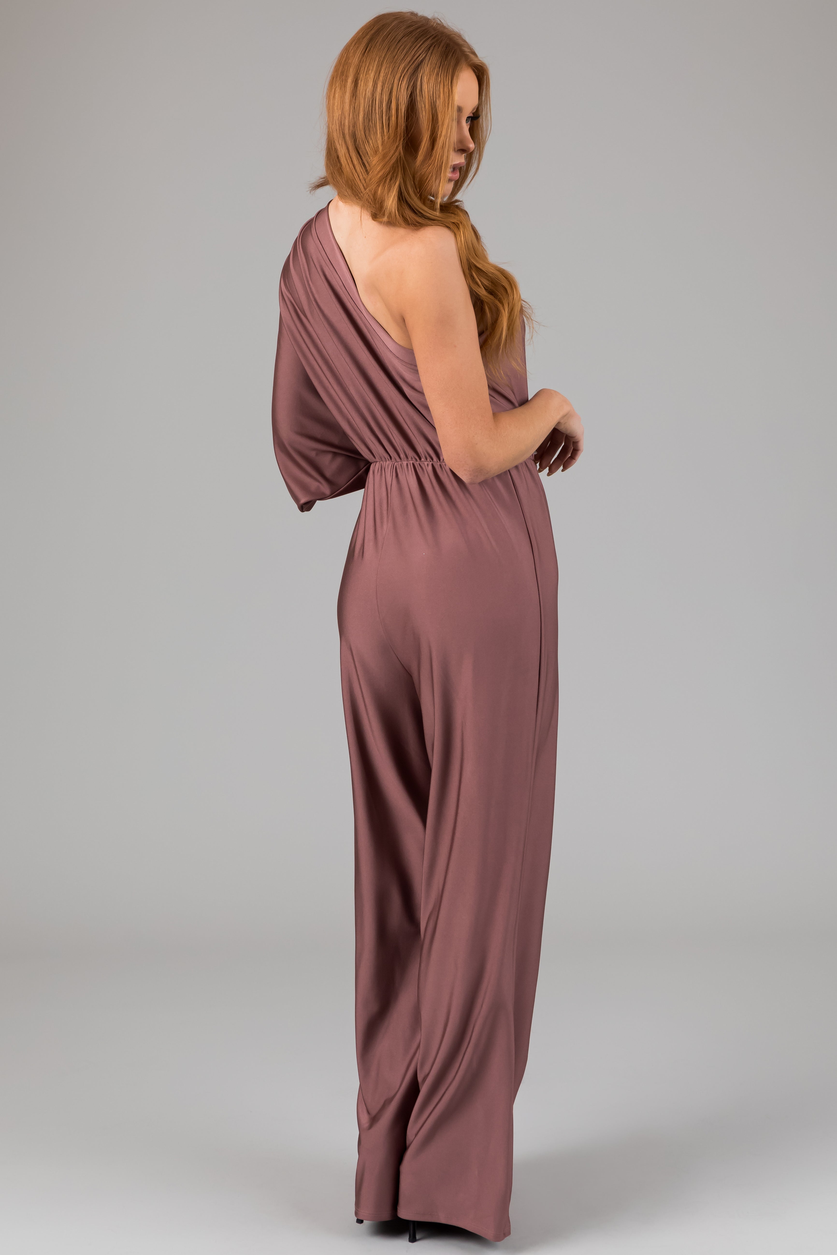 Dusty Rose One Shoulder Elastic Waist Satin Jumpsuit