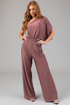 Dusty Rose One Shoulder Elastic Waist Satin Jumpsuit