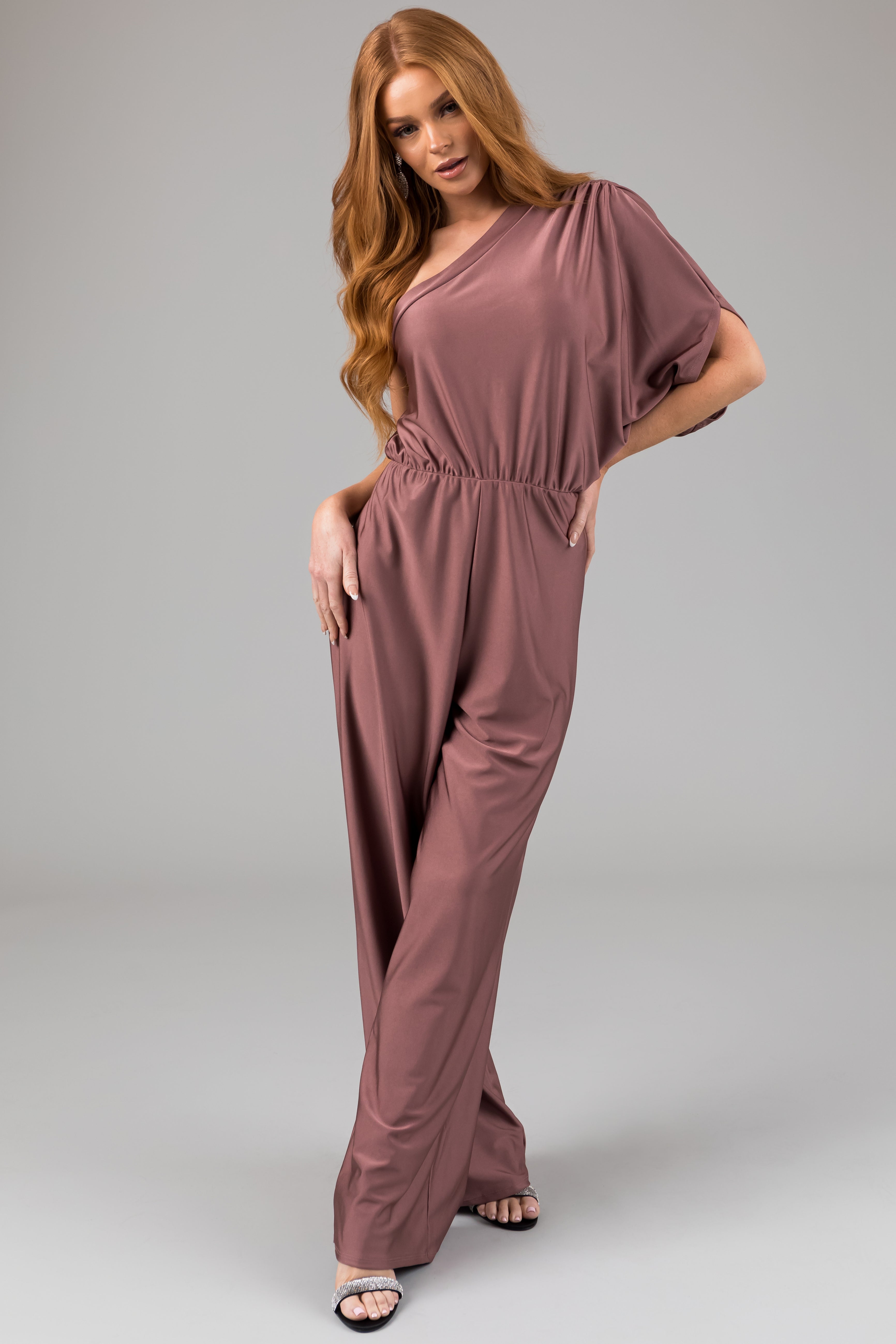 Dusty Rose One Shoulder Elastic Waist Satin Jumpsuit