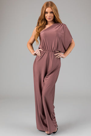 Dusty Rose One Shoulder Elastic Waist Satin Jumpsuit