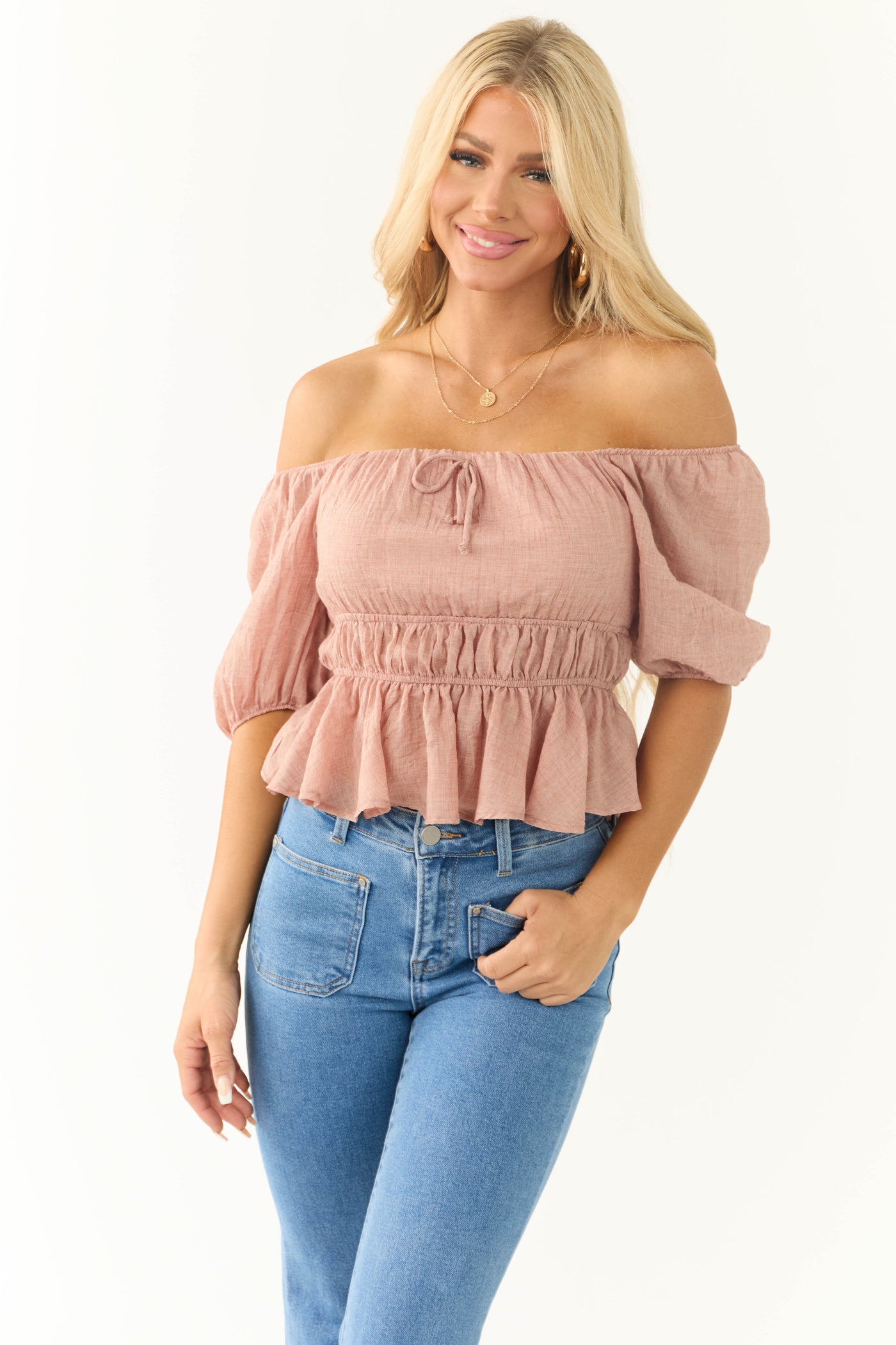 Dusty Rose Square Neck Peplum Blouse