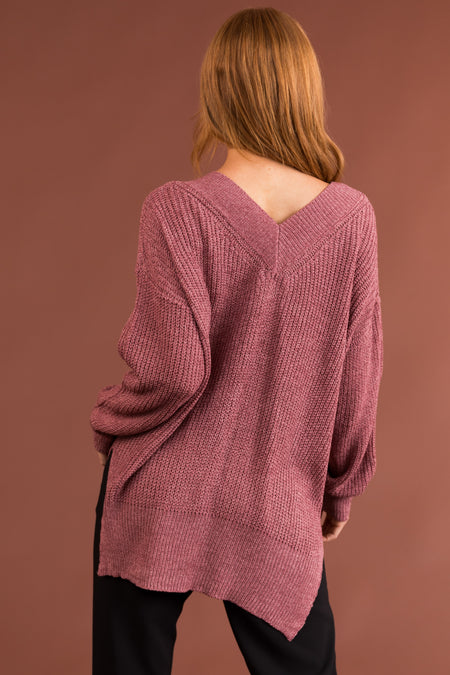 Dusty Rose V Neck High Low Sweater