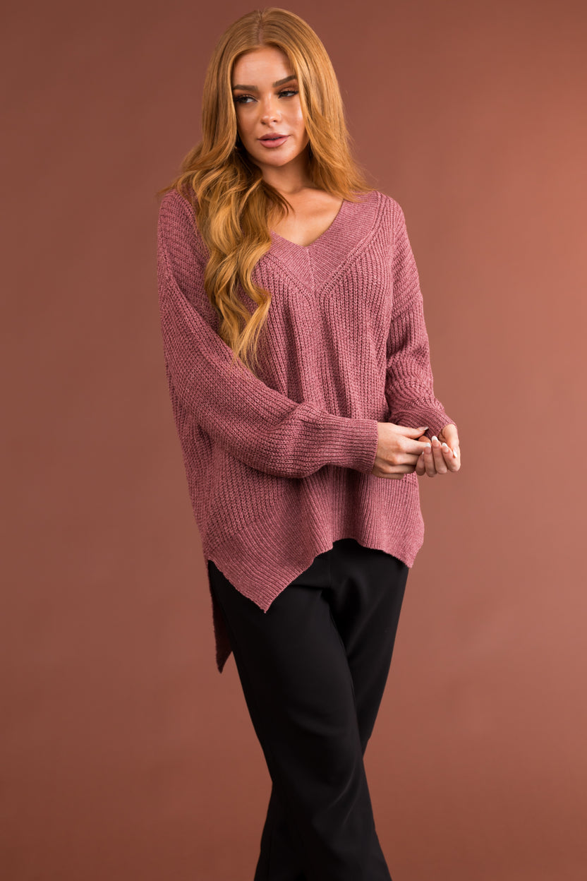 Dusty Rose V Neck High Low Sweater