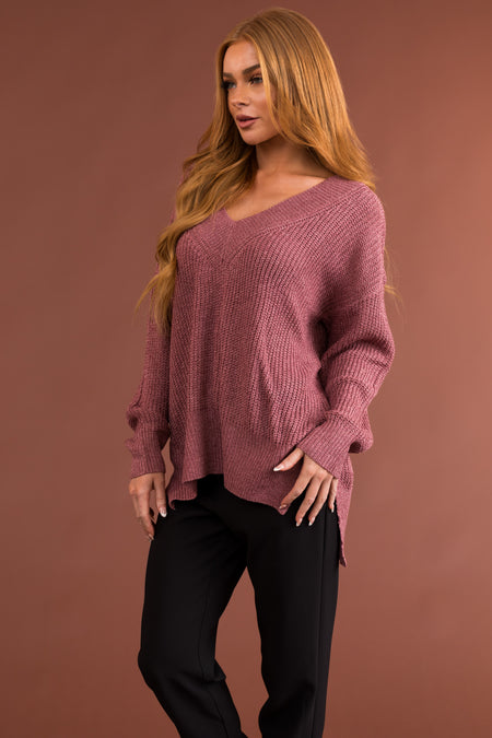 Dusty Rose V Neck High Low Sweater