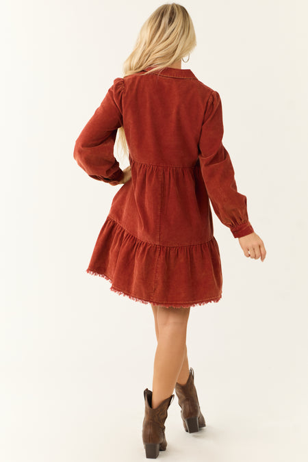 Dusty Rust Washed Corduroy Tiered Short Dress