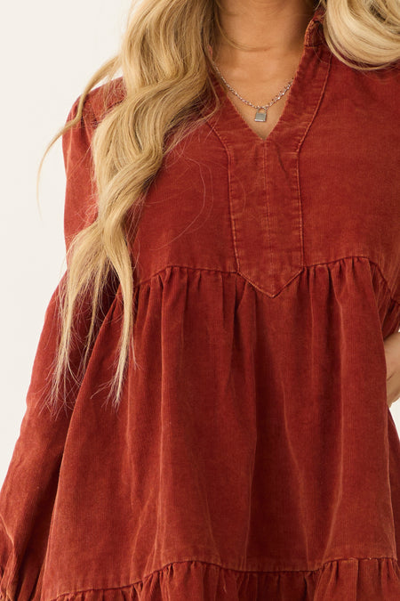 Dusty Rust Washed Corduroy Tiered Short Dress