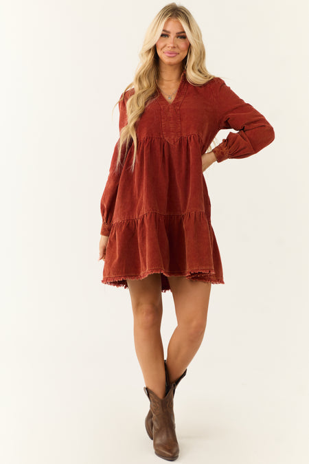 Dusty Rust Washed Corduroy Tiered Short Dress