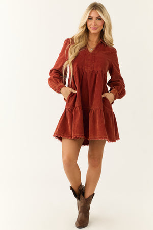 Dusty Rust Washed Corduroy Tiered Short Dress