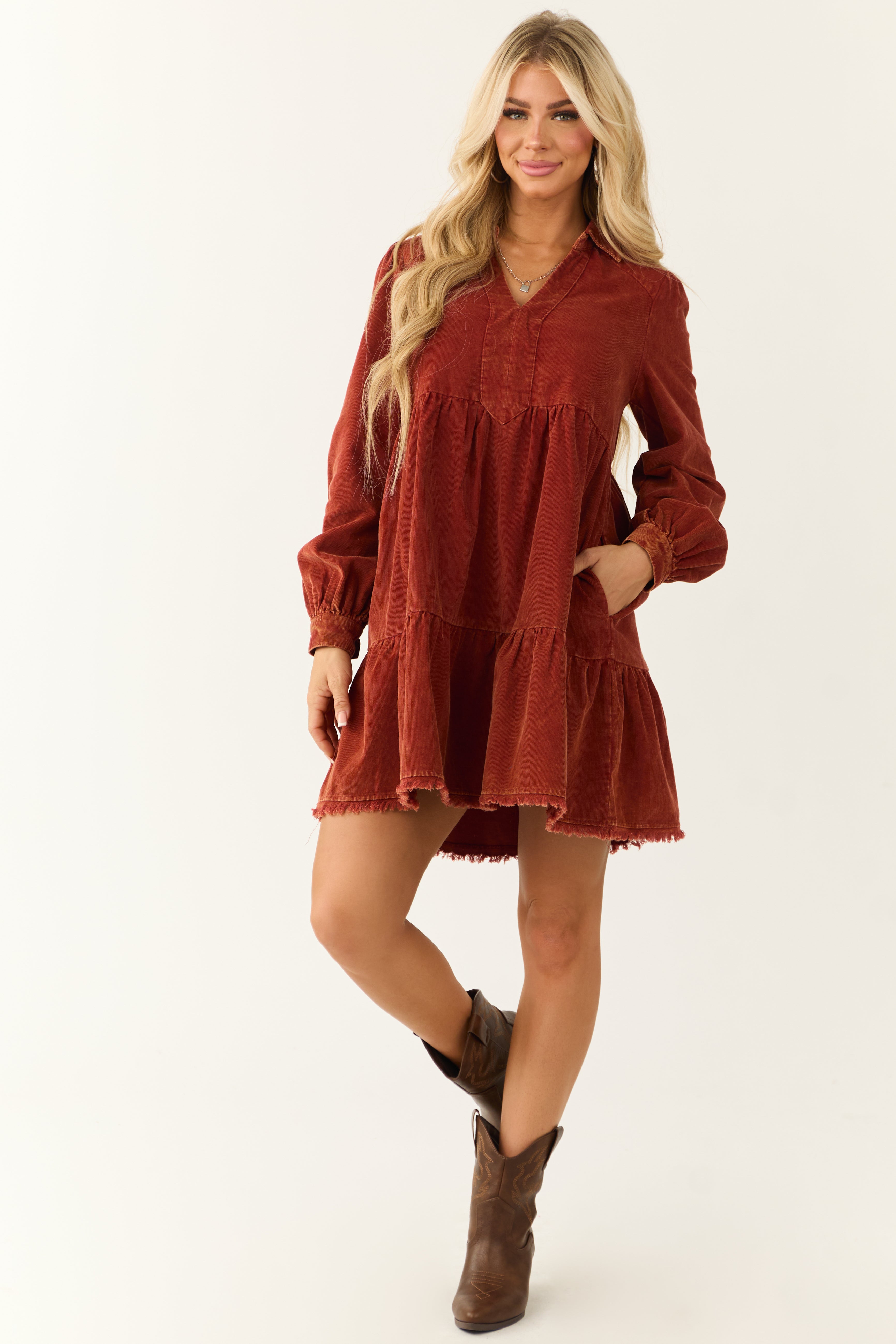 Dusty Rust Washed Corduroy Tiered Short Dress