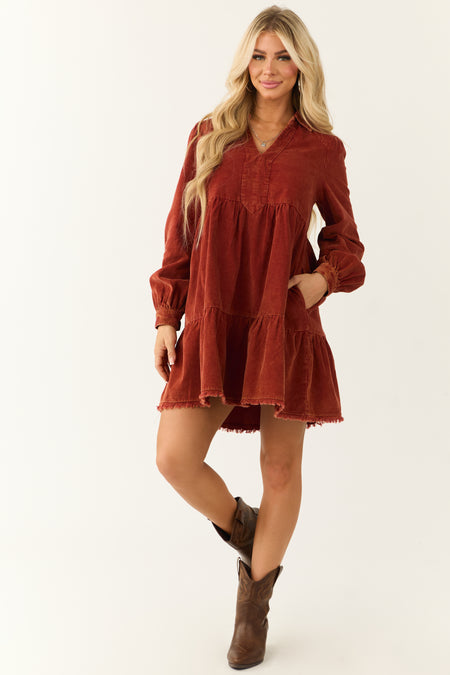 Dusty Rust Washed Corduroy Tiered Short Dress