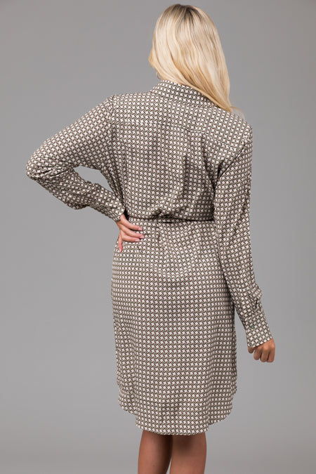 Dusty Sage Collared Button Down Belted Dress