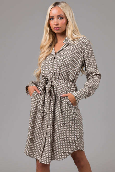 Dusty Sage Collared Button Down Belted Dress