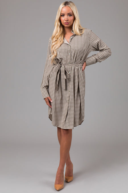 Dusty Sage Collared Button Down Belted Dress