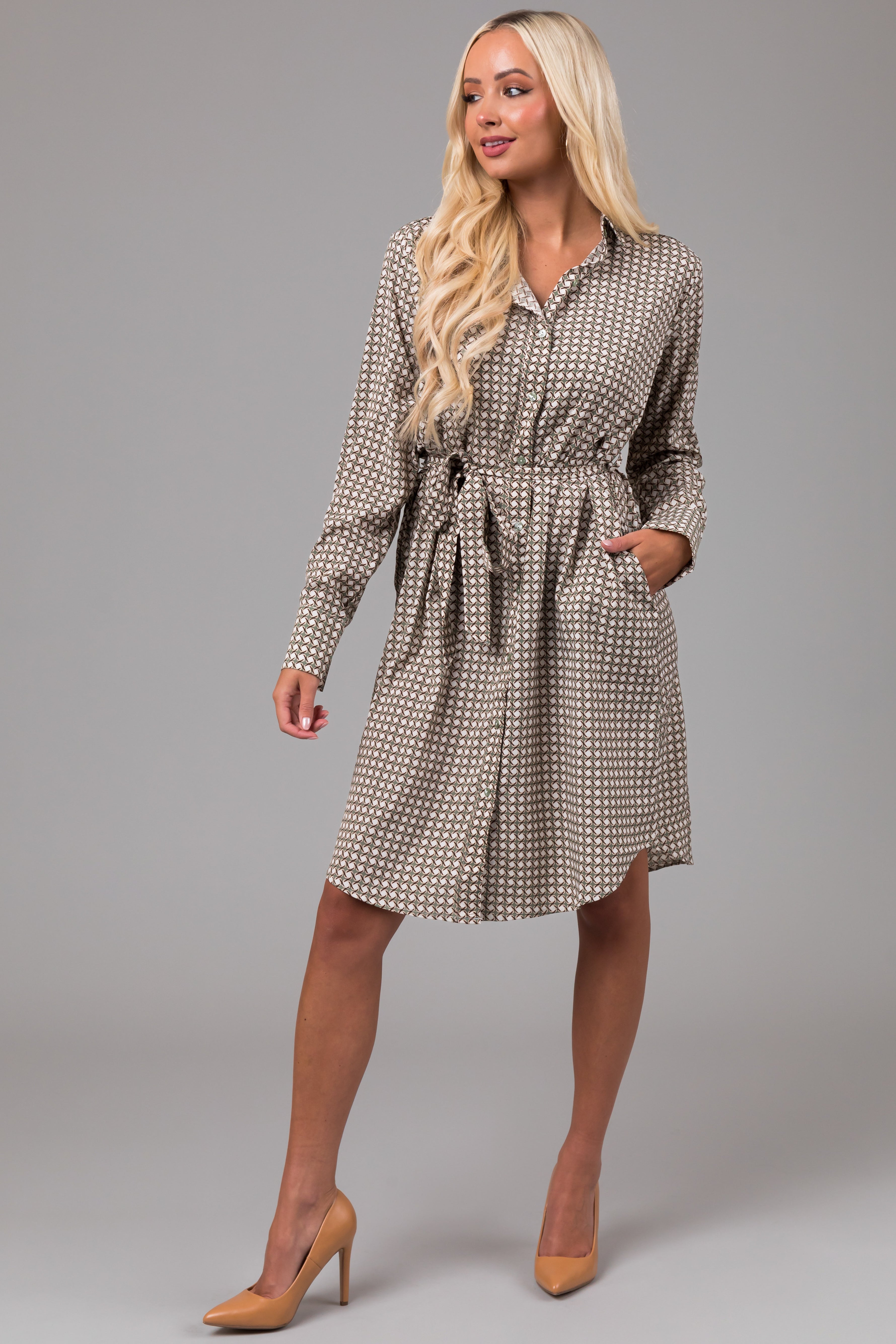 Dusty Sage Collared Button Down Belted Dress