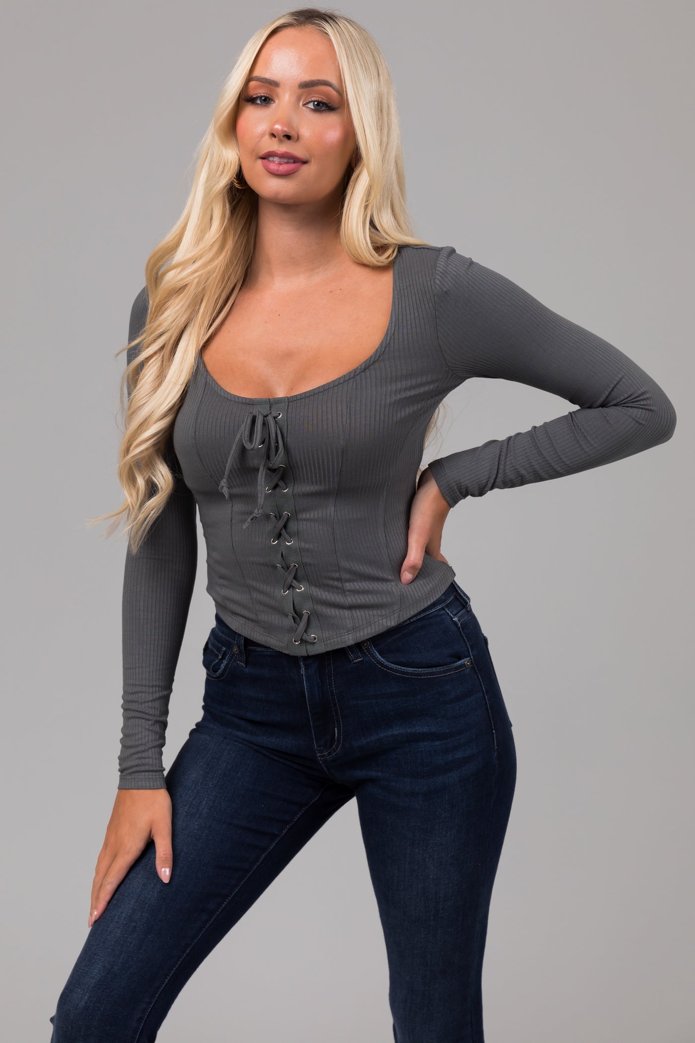 Dusty Sage Lace Up Ribbed Knit Corset Top