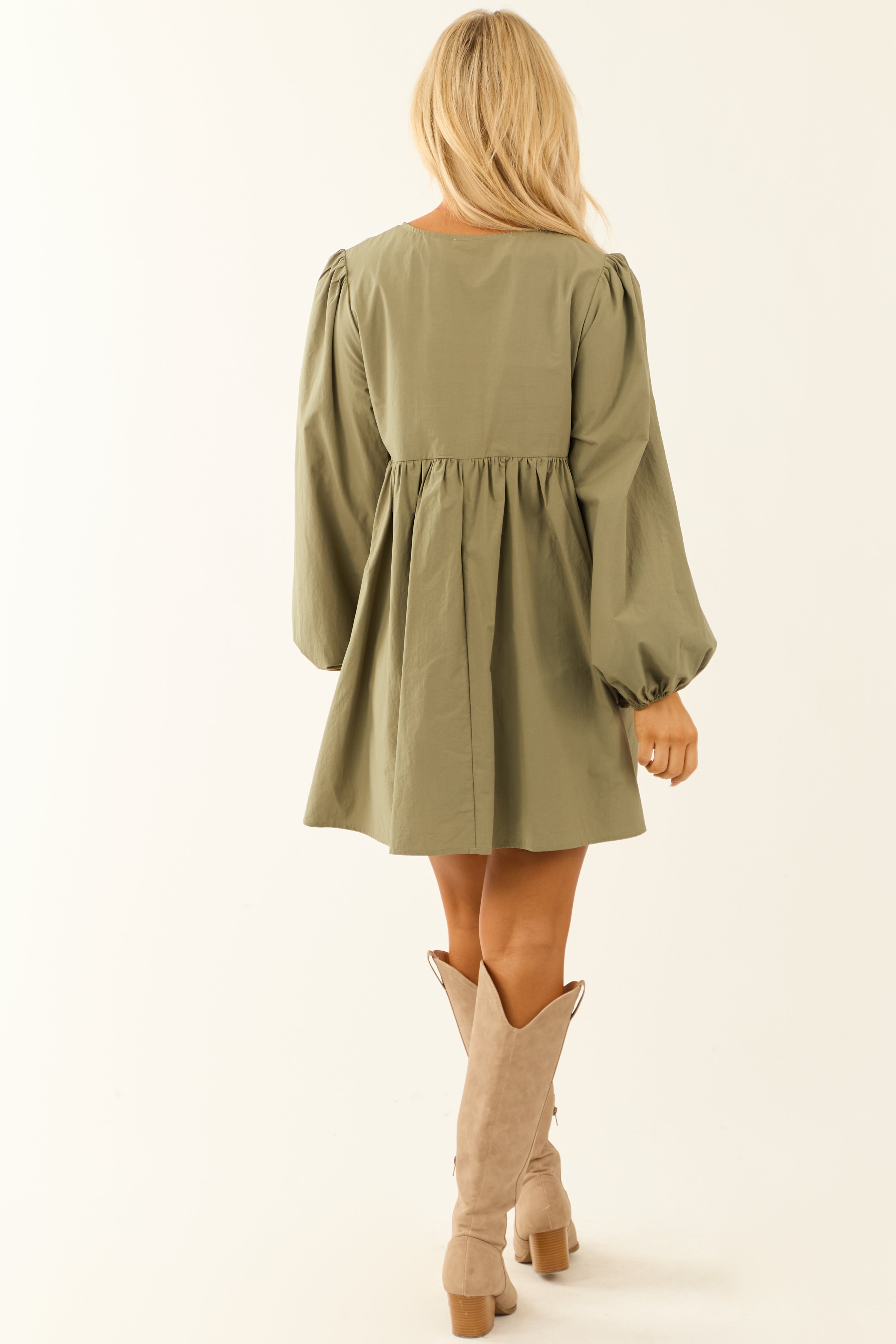 Dusty Sage Poplin Long Sleeve Short Dress