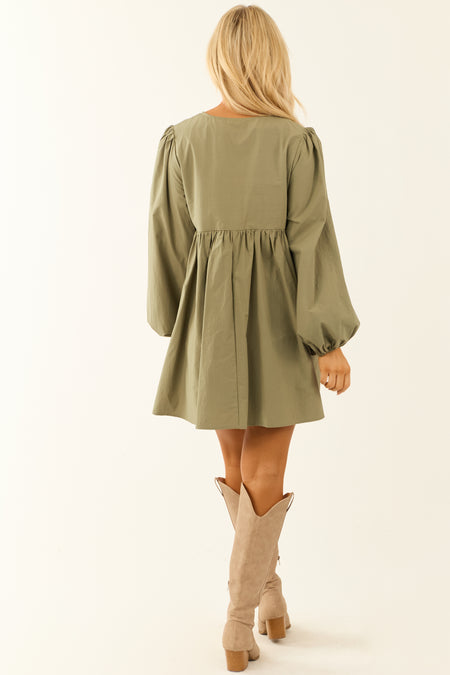 Dusty Sage Poplin Long Sleeve Short Dress