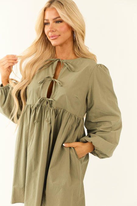 Dusty Sage Poplin Long Sleeve Short Dress