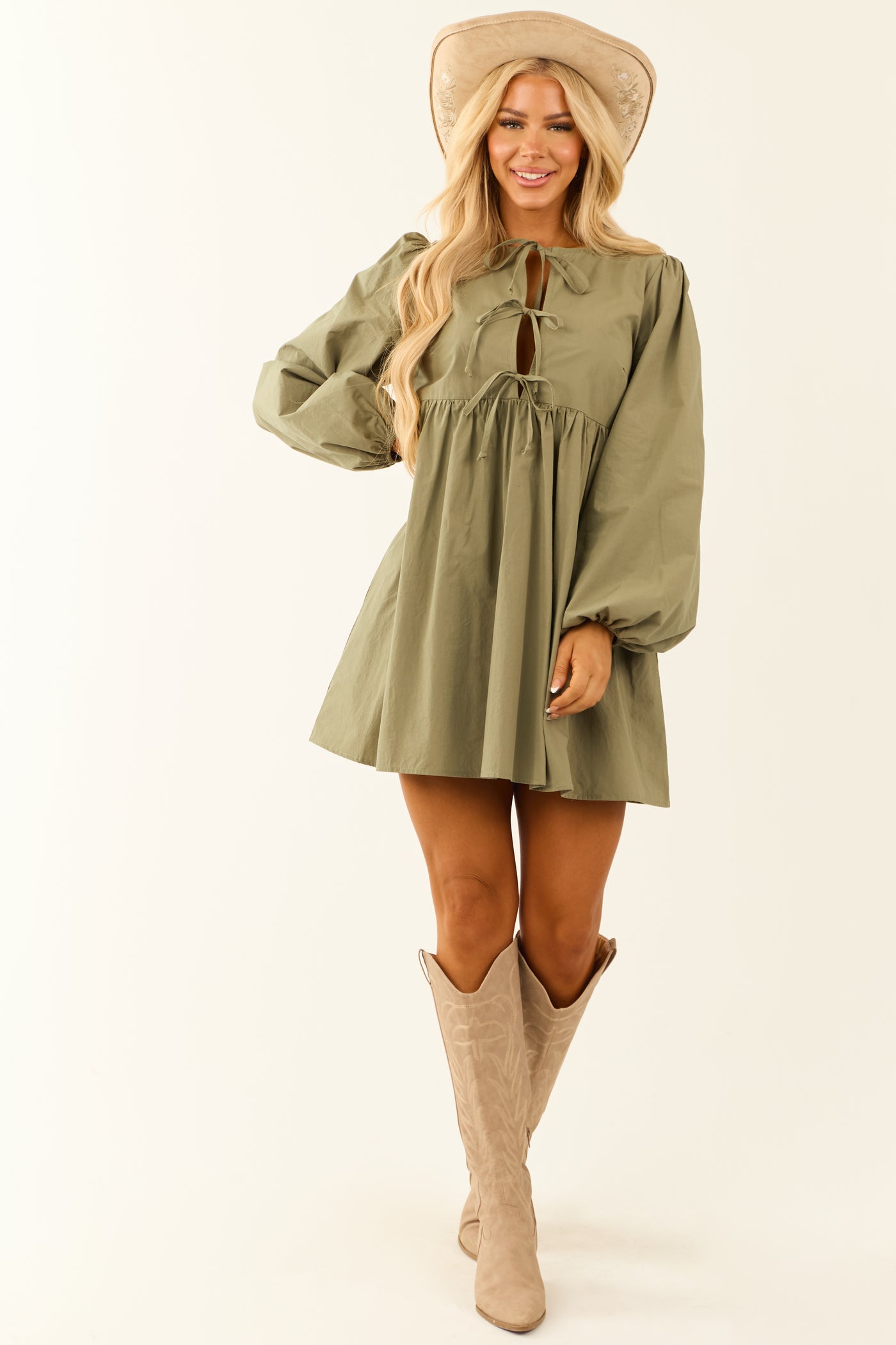 Dusty Sage Poplin Long Sleeve Short Dress