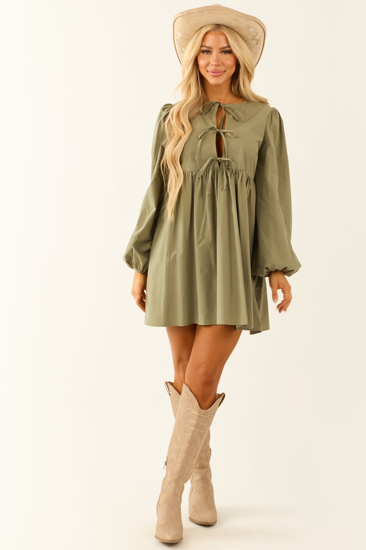 Dusty Sage Poplin Long Sleeve Short Dress