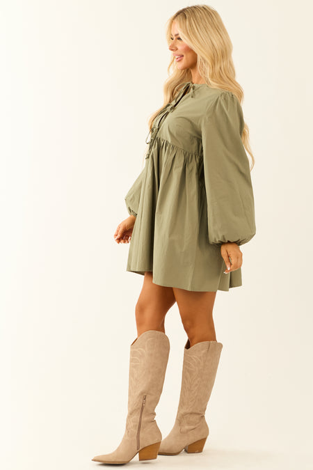 Dusty Sage Poplin Long Sleeve Short Dress