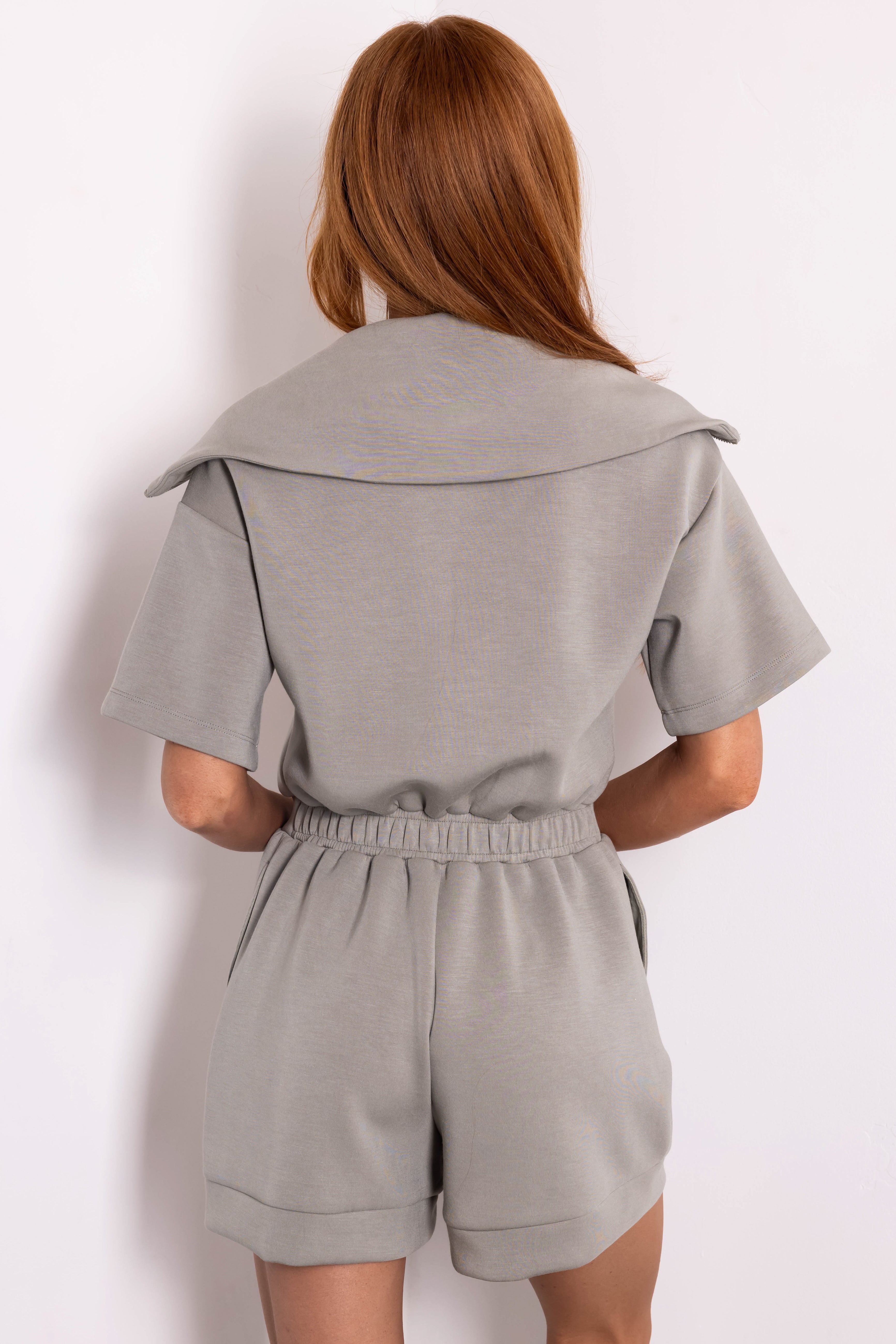 Dusty Sage Short Sleeve Zip Up Romper