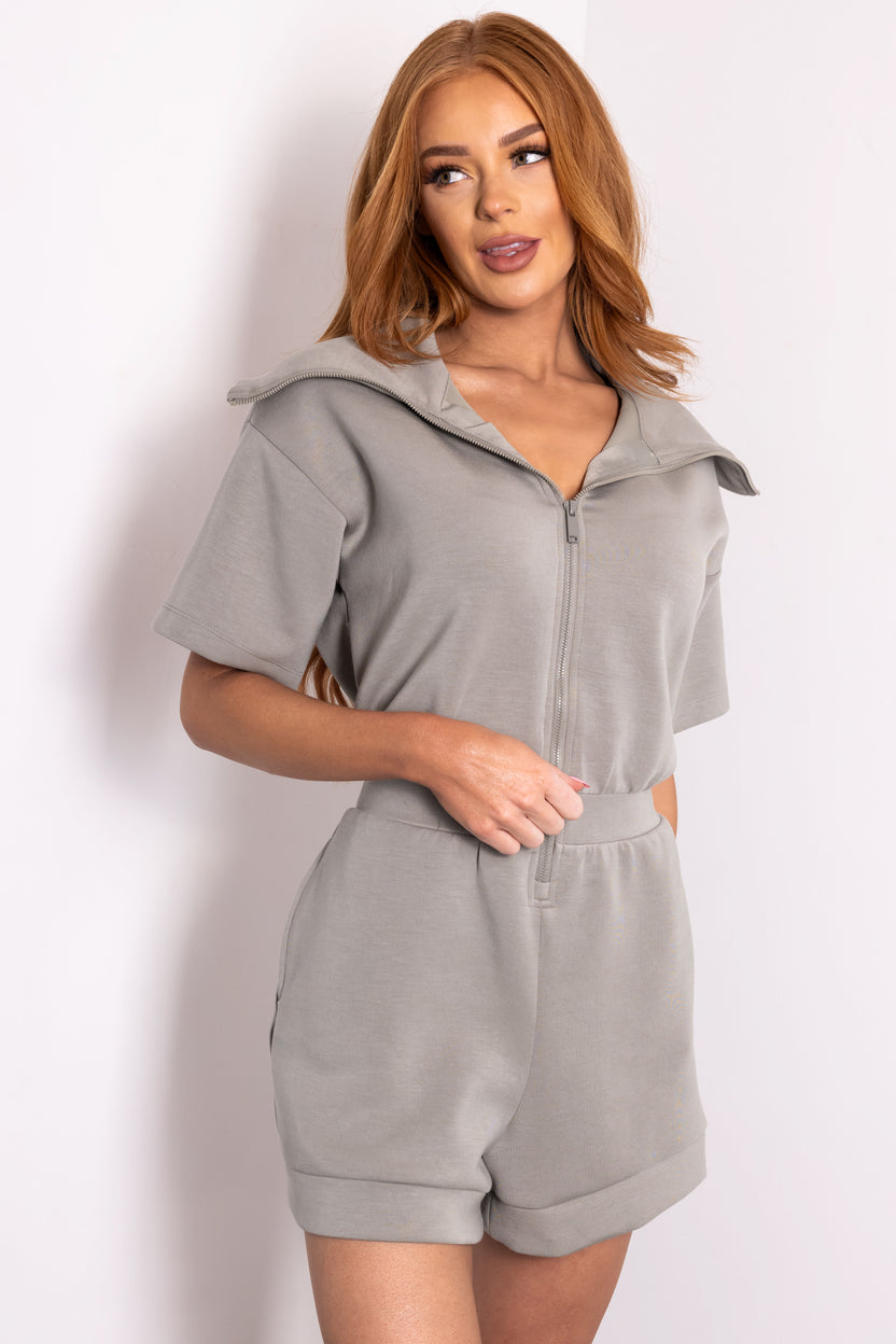 Dusty Sage Short Sleeve Zip Up Romper