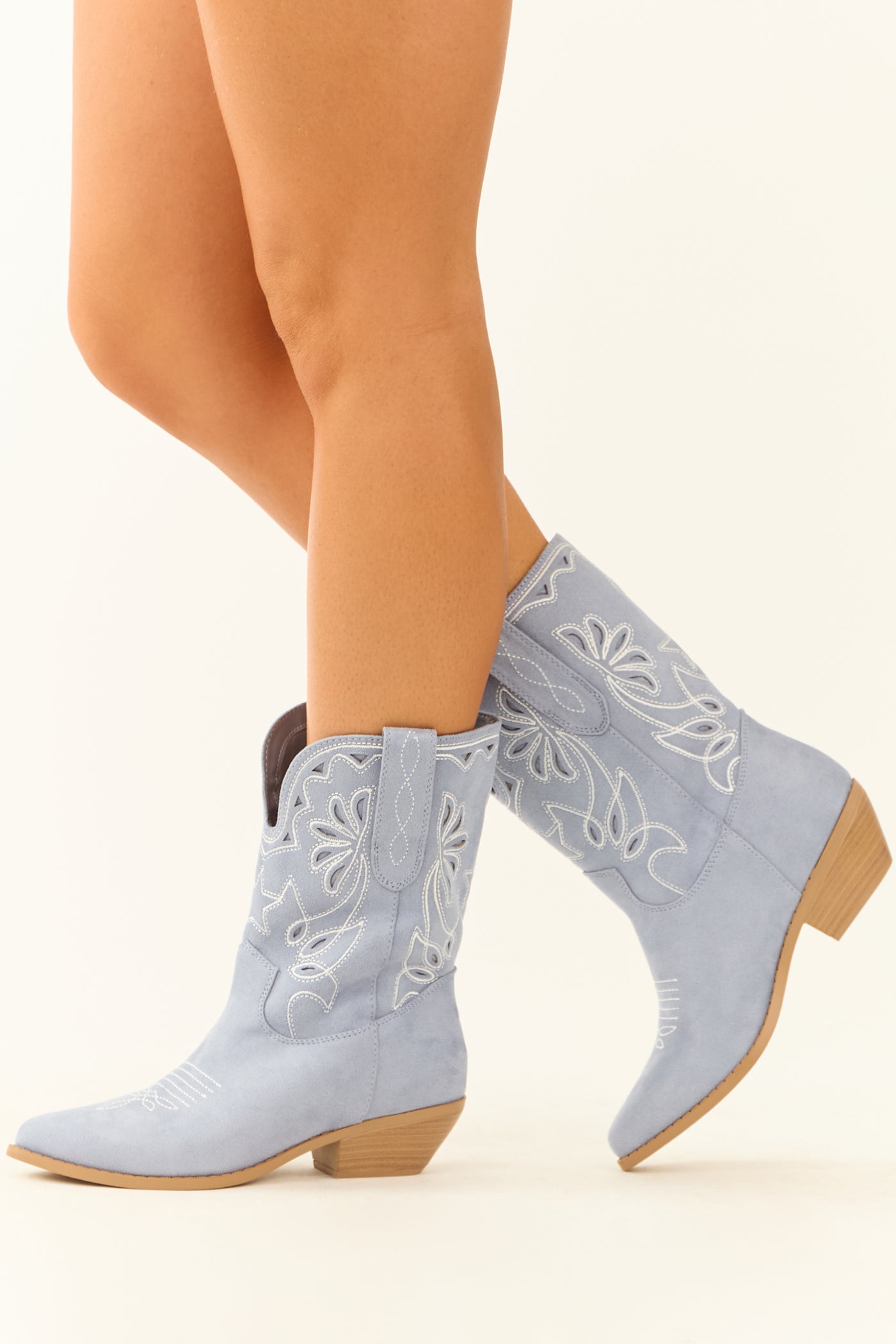 Dusty Blue Faux Suede Mid Calf Embroidered Boots