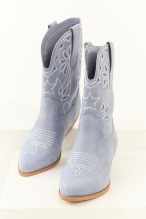 Dusty Blue Faux Suede Mid Calf Embroidered Boots