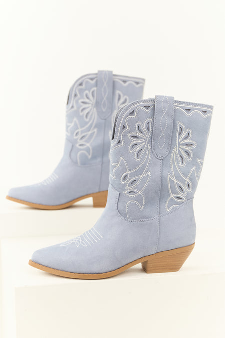 Dusty Blue Faux Suede Mid Calf Embroidered Boots