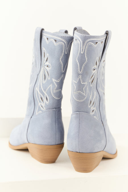 Dusty Blue Faux Suede Mid Calf Embroidered Boots