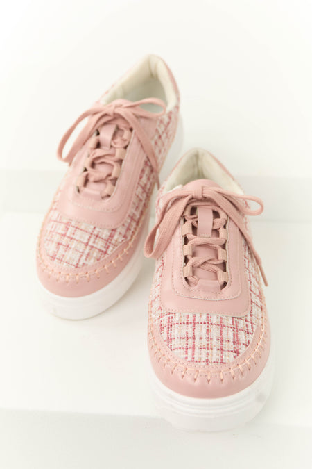 Dusty Blush Plaid Tweed Chunky Lace Up Sneakers