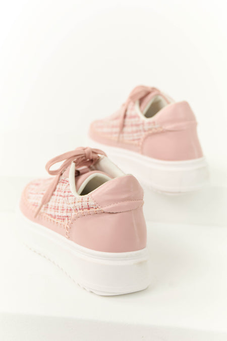 Dusty Blush Plaid Tweed Chunky Lace Up Sneakers