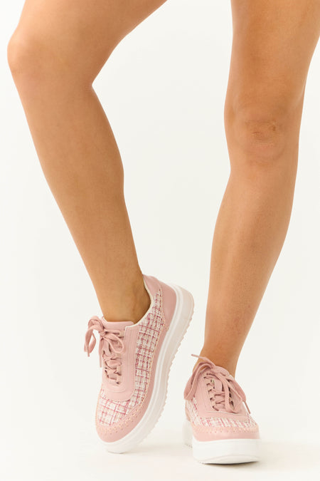 Dusty Blush Plaid Tweed Chunky Lace Up Sneakers