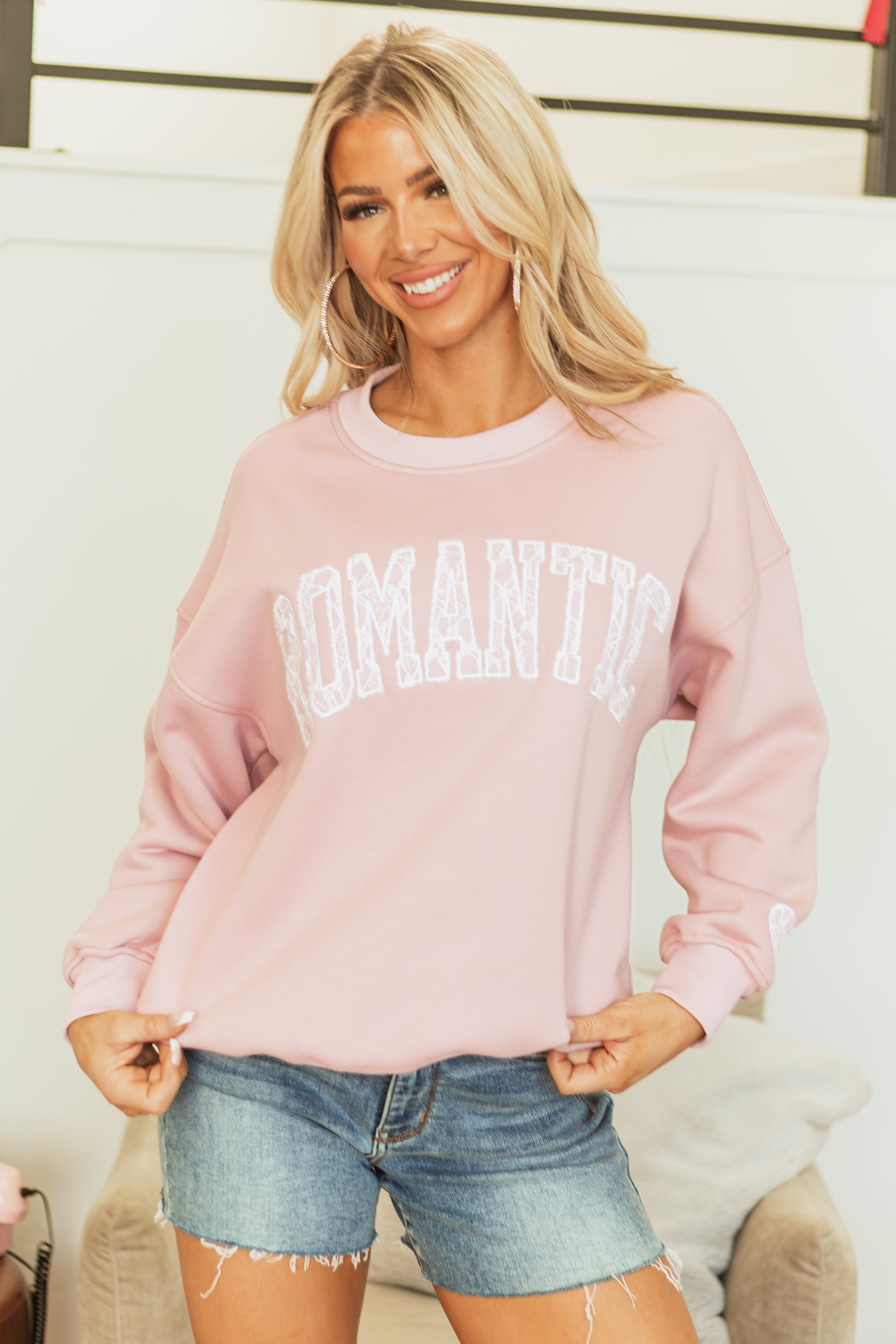 Dusty Blush 'Romantic' Lace Graphic Sweatshirt