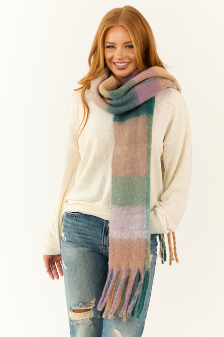 Dusty Pine Plaid Cozy Oversized Fringe Scarf