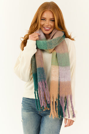 Dusty Pine Plaid Cozy Oversized Fringe Scarf