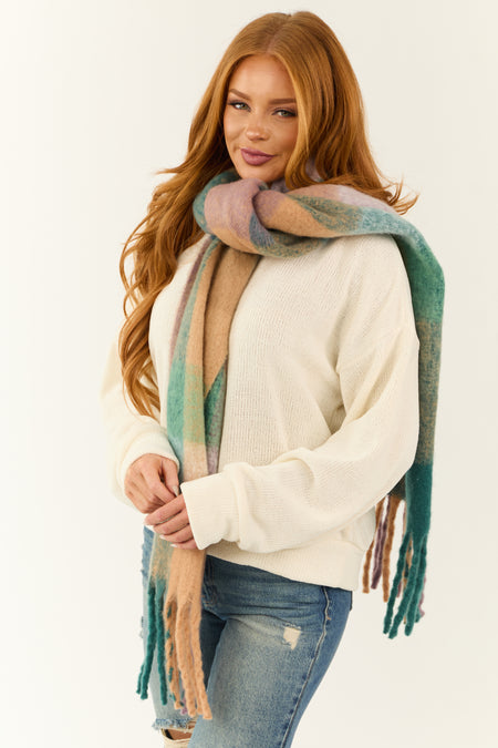 Dusty Pine Plaid Cozy Oversized Fringe Scarf