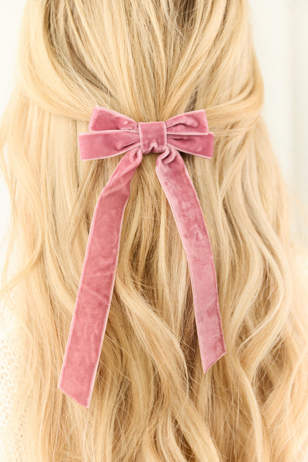 Dusty Rose Velvet Long Ribbon Bow Hair Clip