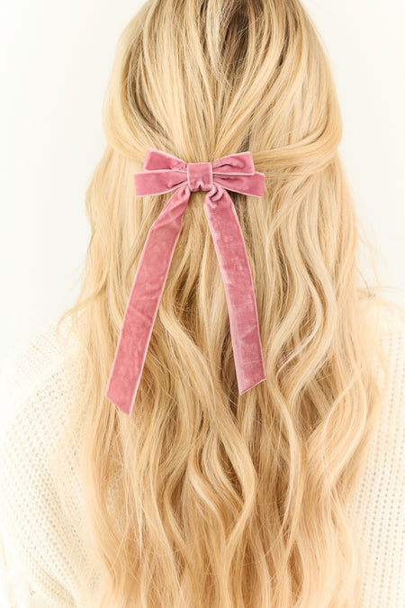 Dusty Rose Velvet Long Ribbon Bow Hair Clip