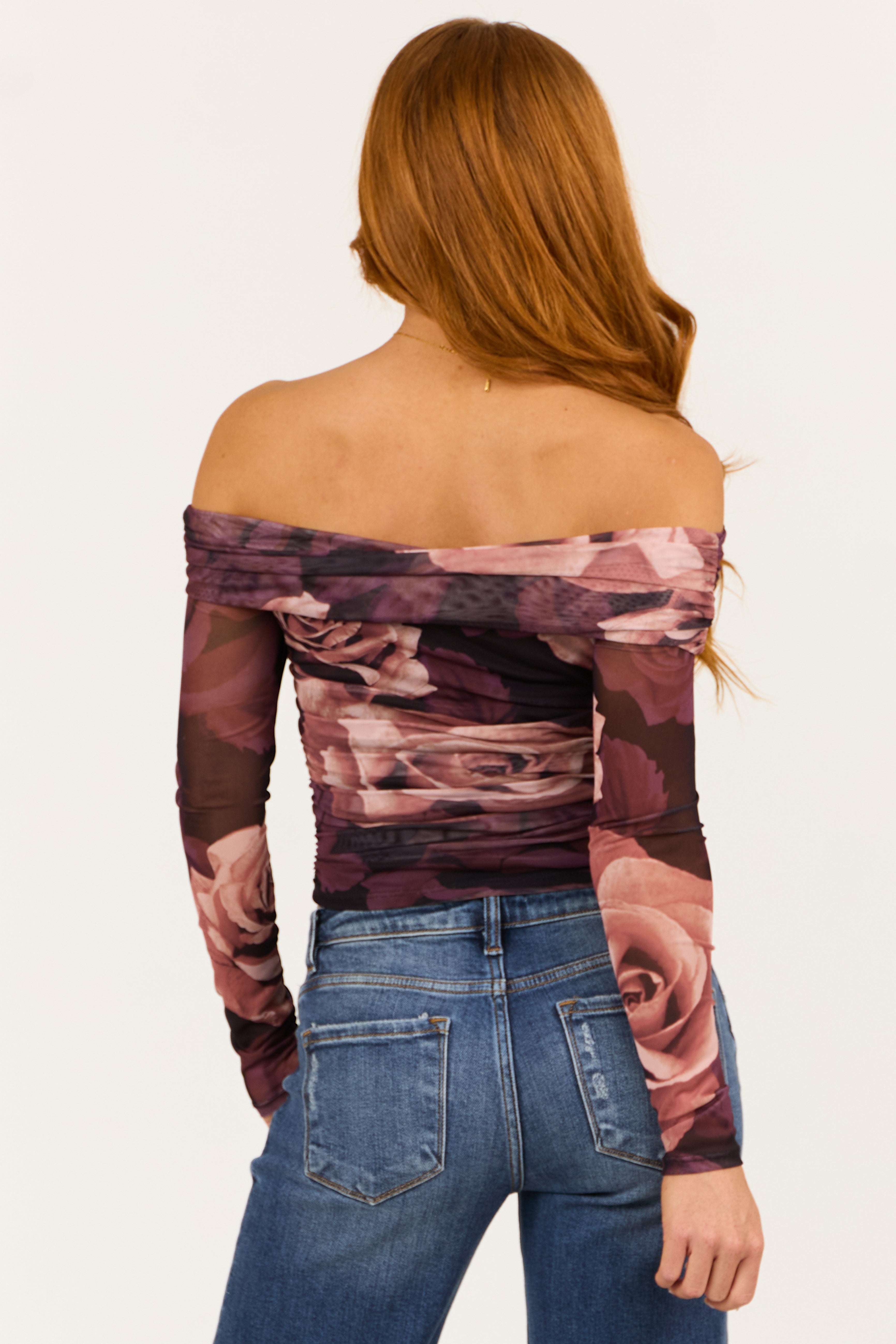 Eggplant Off the Shoulder Floral Print Crop Top