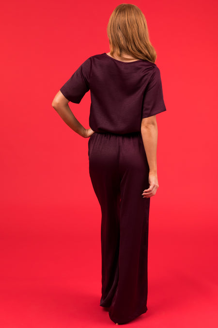 Eggplant Satin Blouse and Wide Leg Pants Set